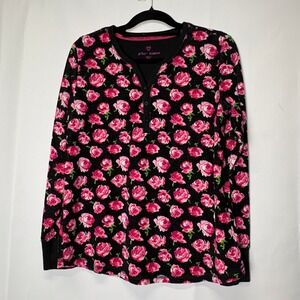 Betsey Johnson Thermal Black Pink Roses Floral L/S Henley Top Romance Whimsigoth